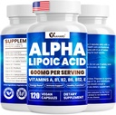 Acide alpha lipoïque 600mg, supplément ALA pour stimuler l'énergie, soutien immunitaire, fonction saine et absorption accrue, acide lipoïque R-Alpha avec des vitamines essentielles, 120 capsules