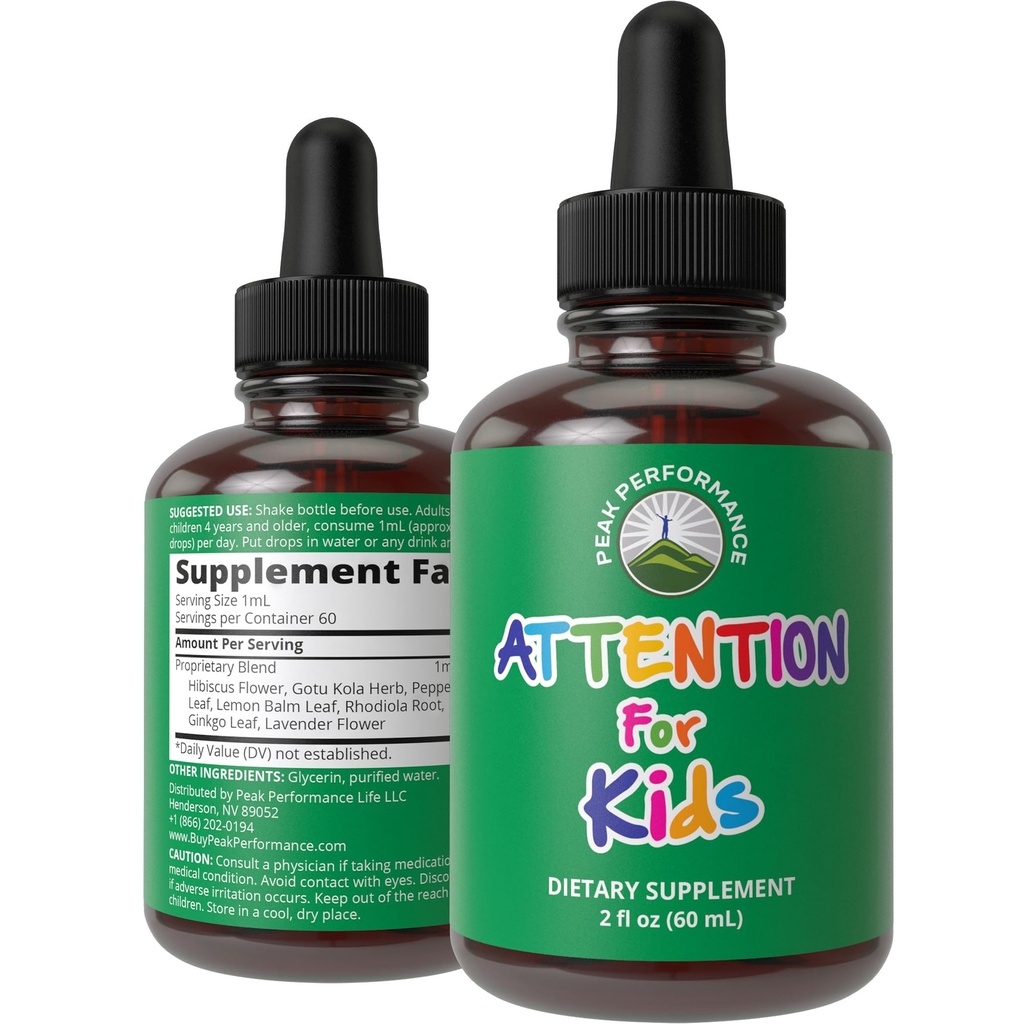 Kinder Focus Drops. Achtung Deficit Liquid Supplement für Konzentration, Aufmerksamkeit, Gehirn, Gedächtnis. Kein Bitter Geschmack. Natürliche Non-Habit Forming Sugar Free 7-in-1 Vegan Nootropic für Kinder, Jugendliche