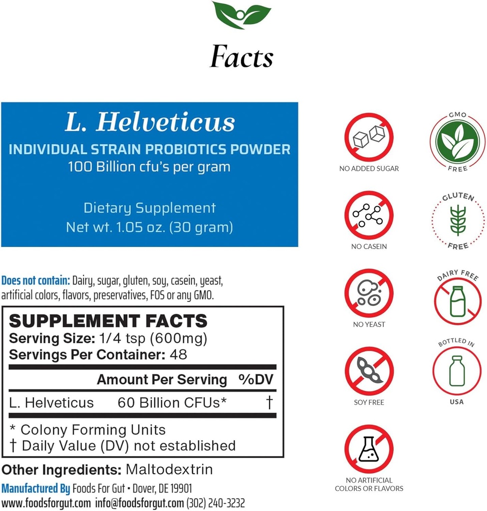 Nourriture pour Gut Lactobacillus Helveticus Probiotic Powder 100 Million de cfu 'S' Pas d'additifs' Direct du fabricant' Pas de stockage tiers' Immmune Support' L. Helveticus's 30 Grams (1.05 Oz)
