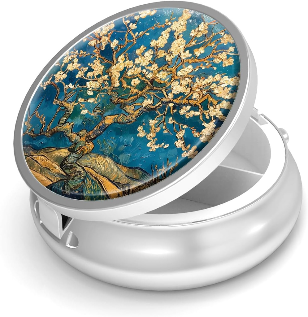Pille Box-3 Compartment Small Pill Case für Geldbeutel &amp; Tasche Mini Metall Pillenhalter Reisen Pillen Container zu halten Ergänzungen Vitamine BPA-frei (Almond Blossom-Van Gogh)