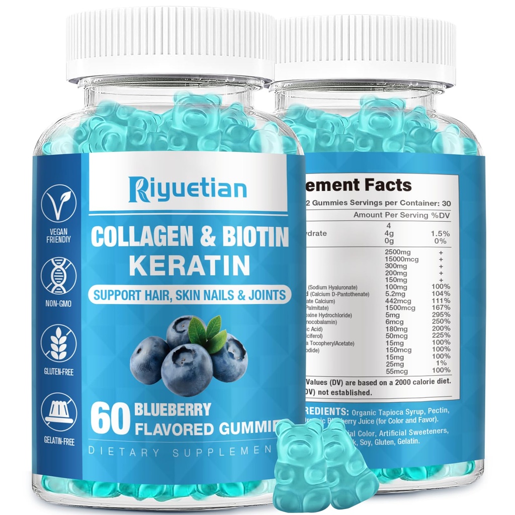 Biotina Gummies 15000mcg con Collagene per Adulti Donne & Uomini - Capelli, Pelle & Nails Gummies con Biotina - Collagene per Donna - Vegan, Non OGM, Vitamine Capelli - 60 Conte, 1 Confezione
