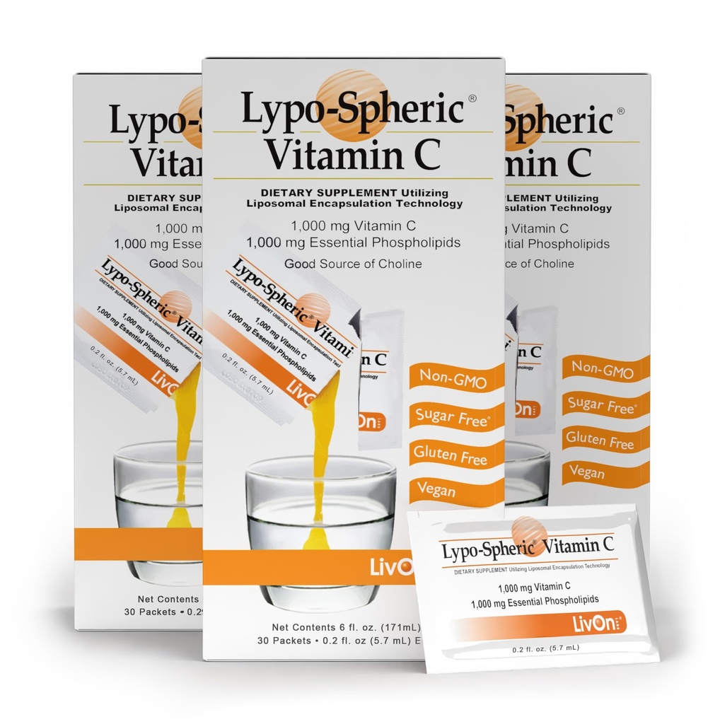 LivOn Laboratories Lypo–Spheric Vitamin C – 3 Kartons (90 Packungen) – 1.000 mg Vitamin C & 1.000 mg Essential Phospholipide pro Packung – Liposomen zur verbesserten Absorption – 100% Non-GMO