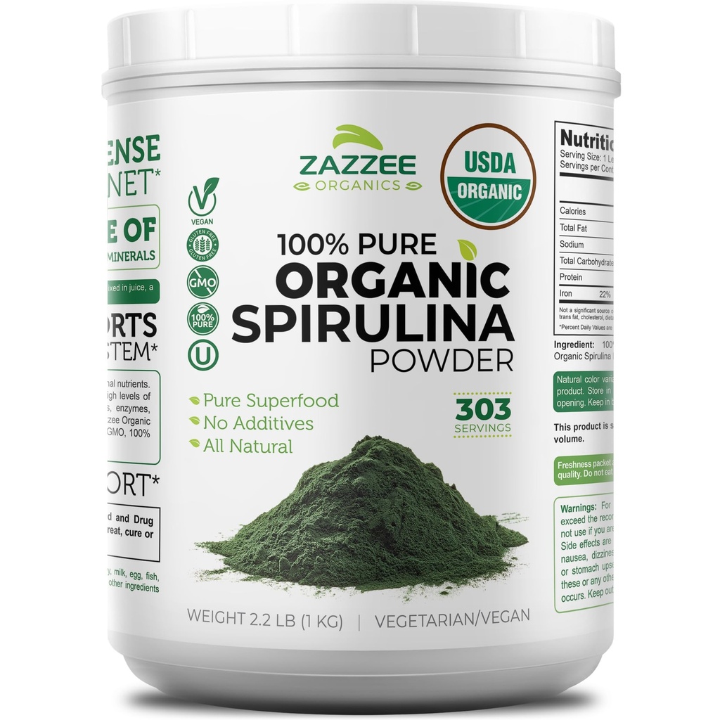Zazzee USDA Organic Spirulina Pulver, 2,2 Pfund (1 KG), 303 Portionen, zertifiziert koscher, 100% rein, nicht bestrahlt, messfreier Wide Mouth Container, frischer Geruch und neutraler Geschmack, nicht gentechnisch verändert, Made in USA