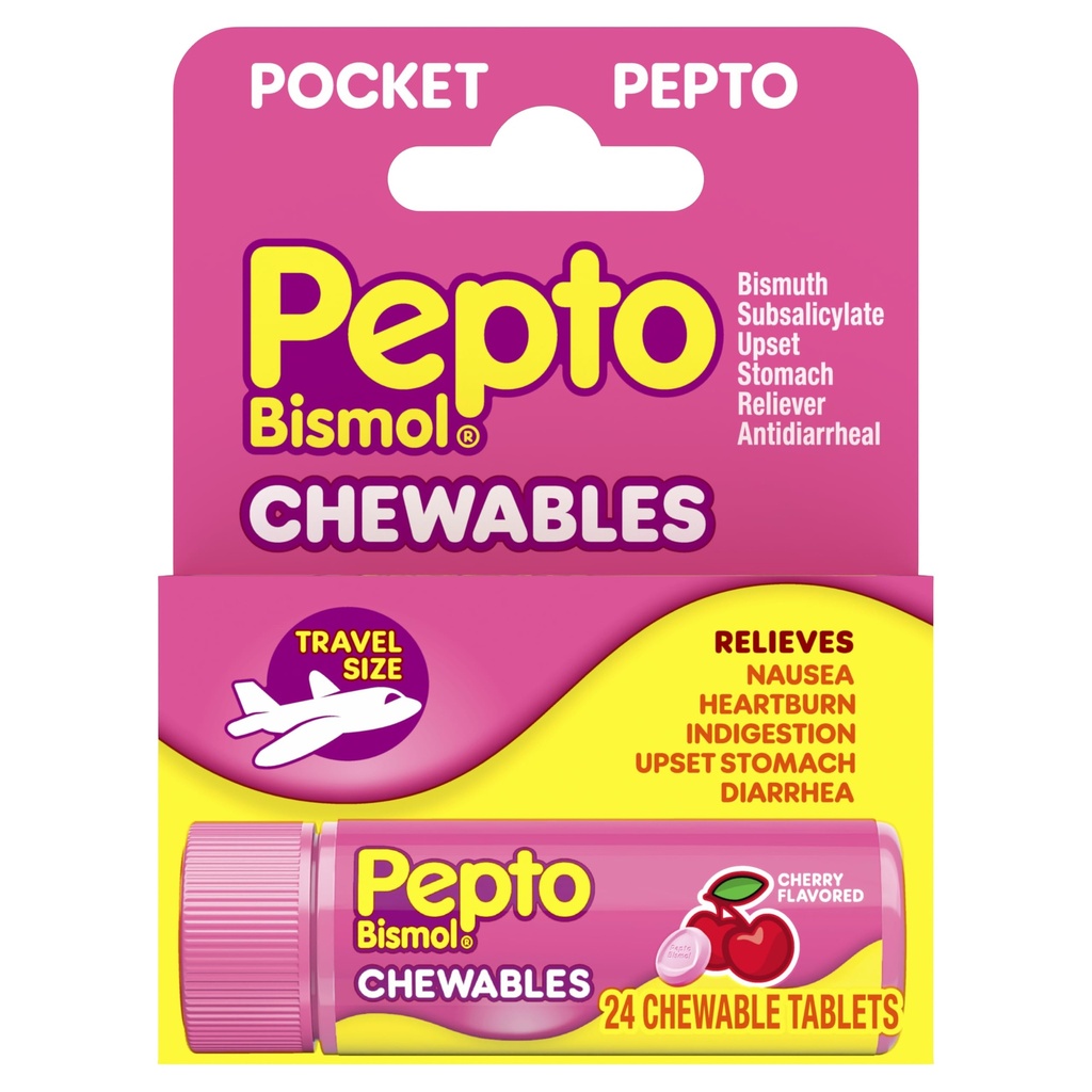 Pepto Bismol Pocket Chewable Tablets per Nausea, Heartburn, Indigestion, Upset Stomach, and Diarrhea - 5 Symptom Fast Relief, Cherry Flavor 24 ct