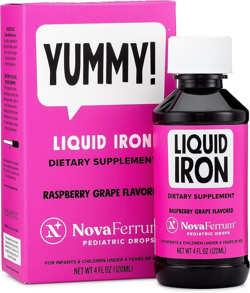 NovaFerrum Yummy | Gocce Pediatriche Supplemento di ferro liquido per neonati e bambini | Ferro liquido per bambini | 15mg di ferro per 1mL Dose | Età 4 &amp; Under | Gluten Free Certified | Raspberry