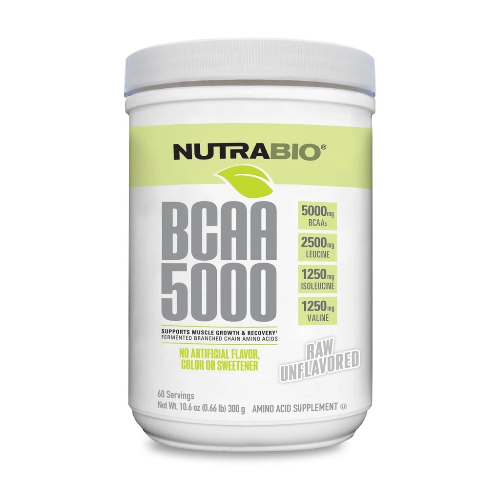 NutraBio BCAA 5000 Powder - Fermented verzweigte Kette Aminosäuren für Muskelwachstum & Erholung - natürliche Aromen, Süßungsmittel und Färbung, Vegan, Glutenfrei - Unentflammt, 60 Servierungen