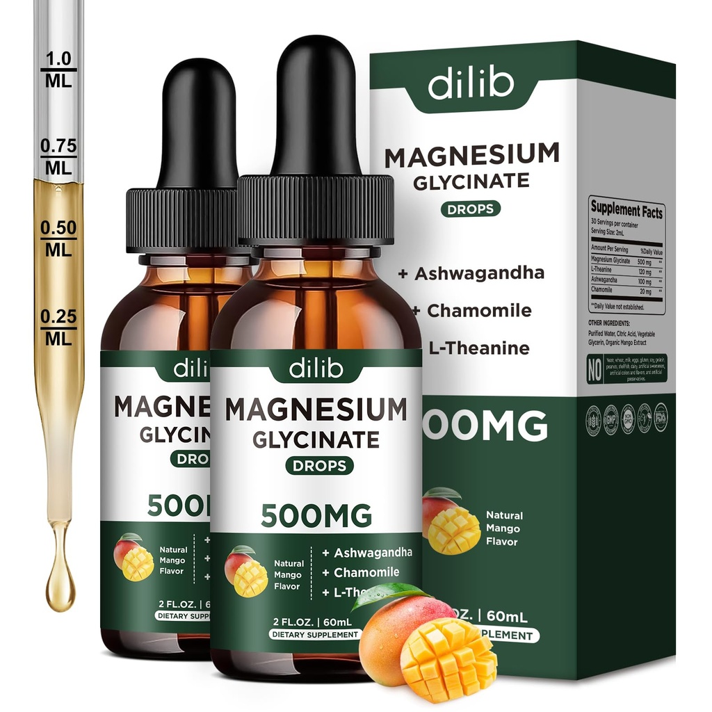 Supplément de gouttes liquides de glycinate de magnésium, avec le glycinate de magnésium 500mg Ashwagandha, L - Theanine, Camomille - Soutien anti-stress, os, Muscle, Mood Mango Flavor 2Pack