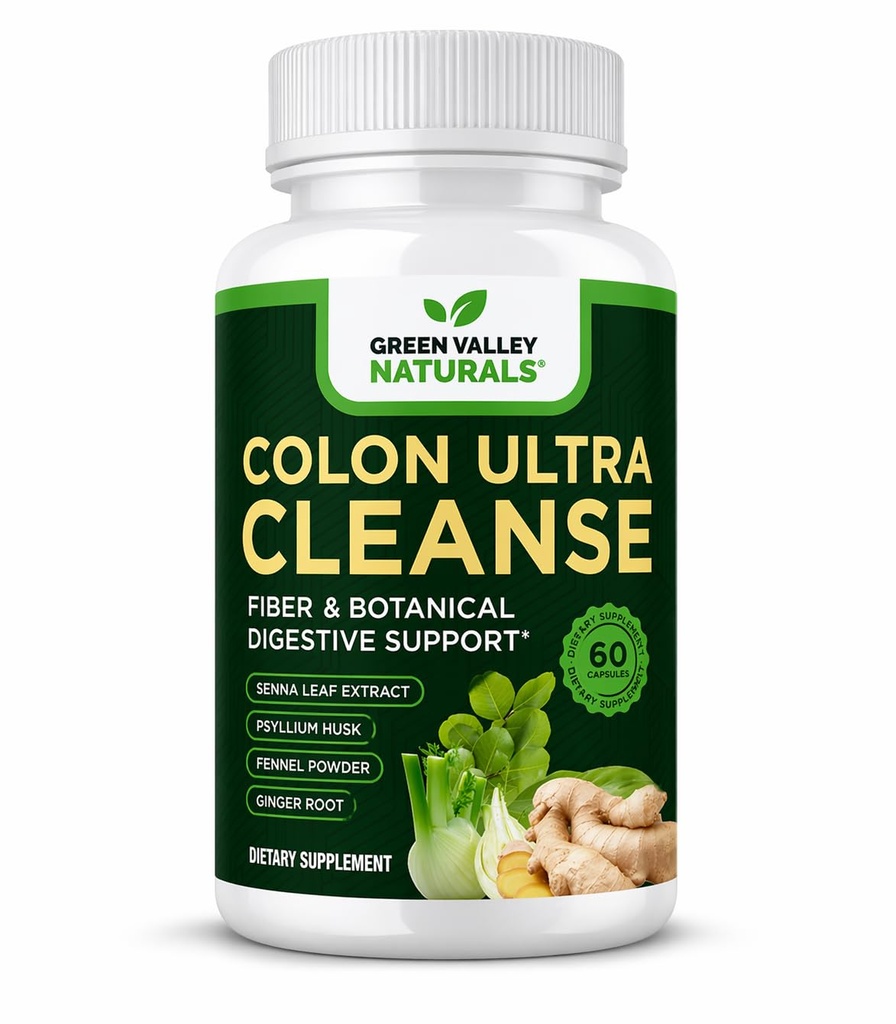 GREEN VALLEY NATURALS Colon Ultra Cleanse - Faser & Kräuterergänzung mit Psyllium Husk, Senna-Extrakt, Fenchel & Ingwer | Verdauungsunterstützung & Gut Wellness | 60 Kapseln