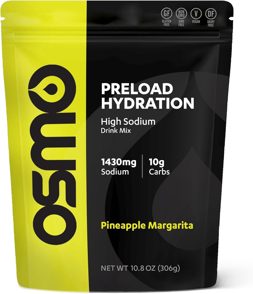 Pochette en poudre de pré-traitement Osmo - Comprend un bicarbonate de sodium élevé, du magnésium, du potassium, des glucides et des vitamines, du sucre de canne, des crampes et de la déshydratation - Margarita d'ananas (poupée)
