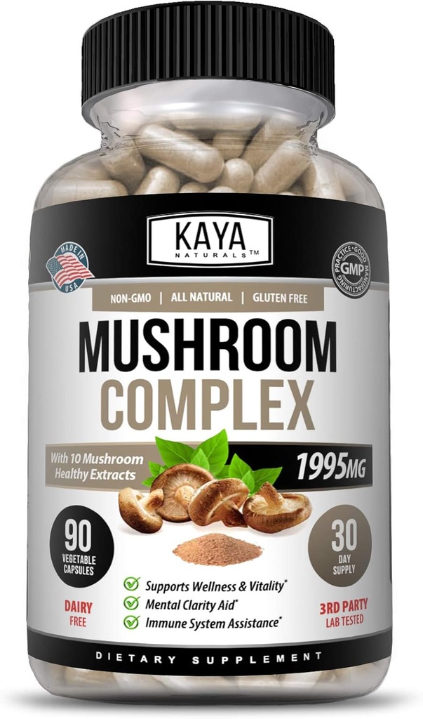 Kaya Naturals Premium Pilz Complex Potent 1995mg pro Servierung – Wellness Support – Non-GMO & Gluten-Free – 90 Kapseln