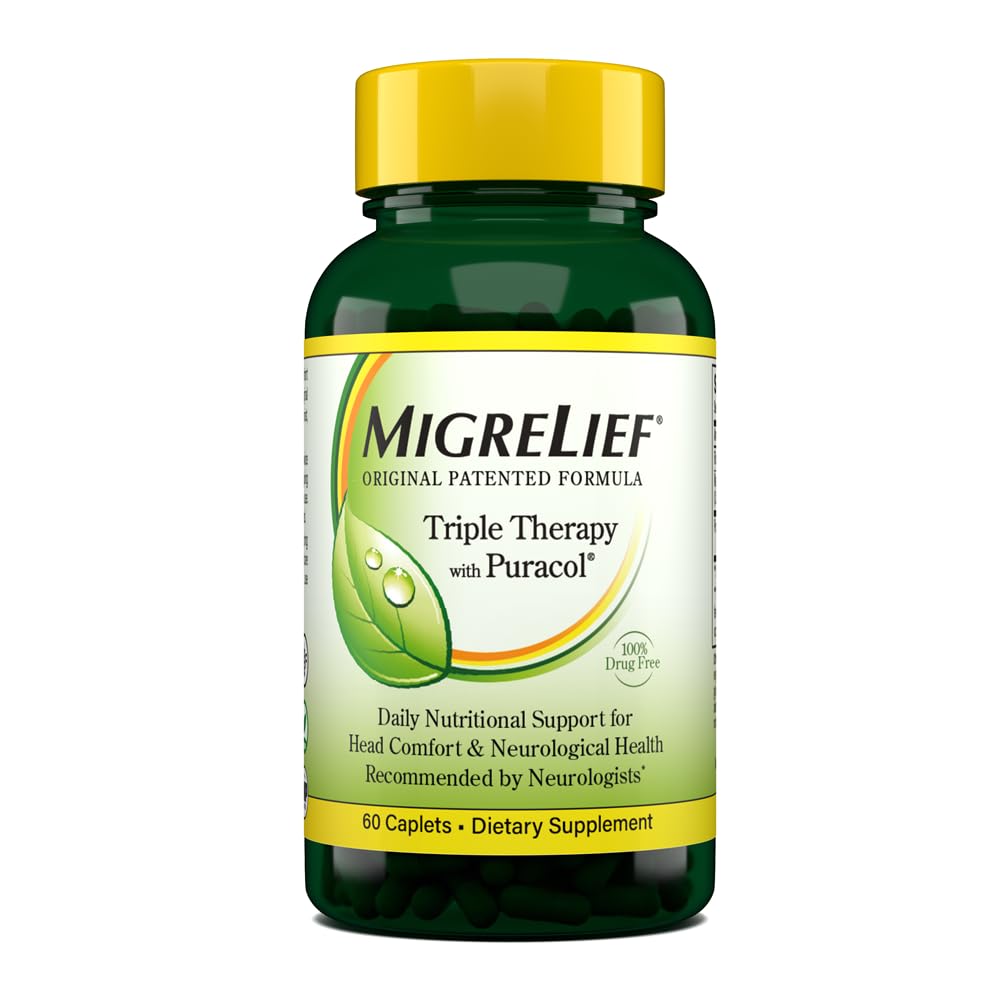 MigreLief Original Triple Therapy mit Puracol - Ernährungsunterstützung für Migraine Sufferers - 60 Caplets/1 Month Supply