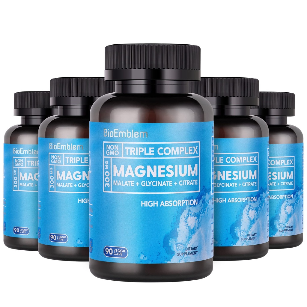 BioEmblem High Absorption Triple Magnesium Complex 300mg | Magnesium Glycinate for Nerves, Malate for Energy, Supplemento a Support Muscle Health | Vegan, Non-GMO 450 Capsule
