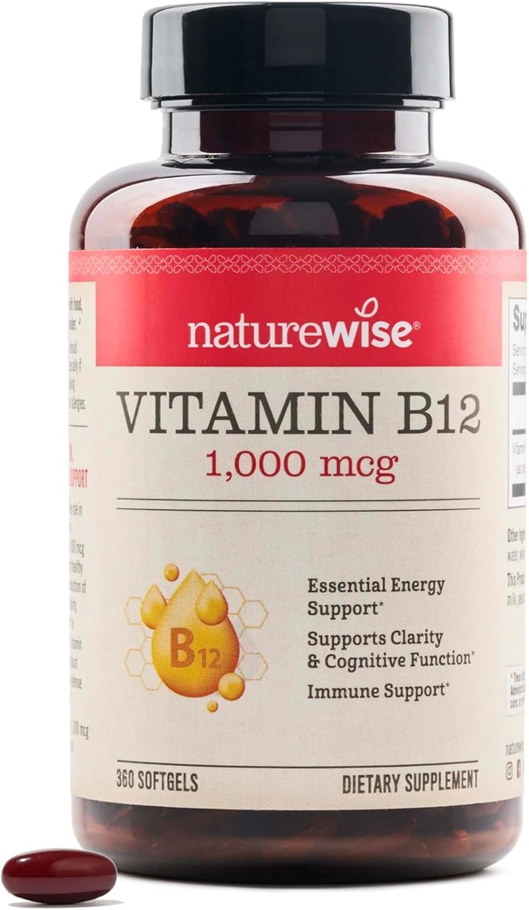 NatureWise Vitamin B12 1000 mcg - Nahrungsergänzungsmittel zur Unterstützung von Energiemetabolismus, Psychische Klarheit, Nervöse Systemgesundheit - einfach zu schlucken, Soja & Gluten-frei, Non-GMO - 360 Count[1-Jahresversorgung]