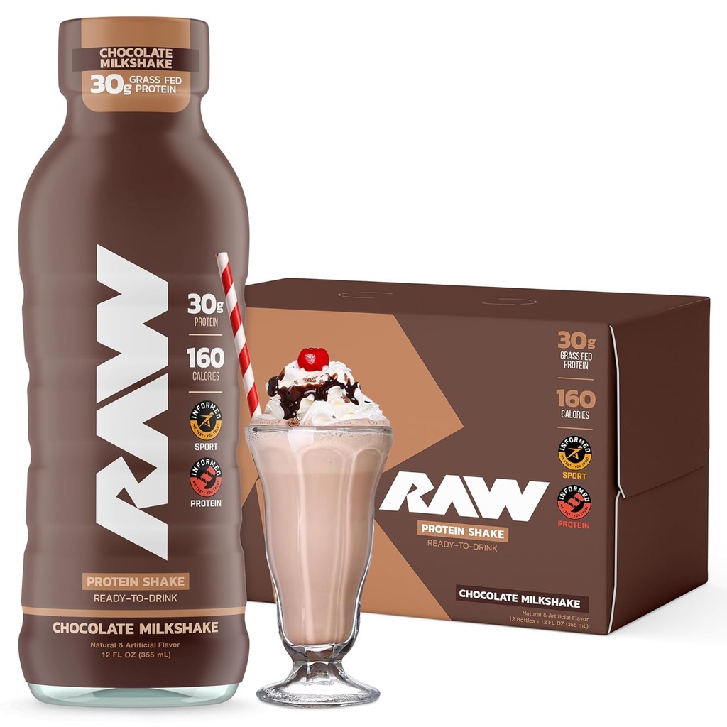 Shake proteico pronto-per-drink RAW, Cioccolato - RSTD Bevande di proteine con l'isolato di proteine del siero di grasso per post-allenamento - Zero-Sugar & Gluten-Free Bevande & Breakfast Shake, 12 Fl Oz