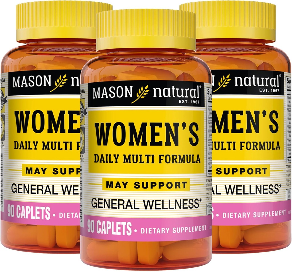 Formula Multi giornaliera femminile naturale MASON con 21 vitamine e nutrienti essenziali, Supporta il benessere generale e la salute generale, 90 Caplets (Pack of 3)