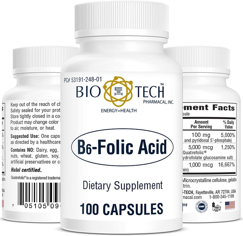 Bio-Tech Pharmacal B6-Folic Acid, 100 capsule – Integratore Naturale – Supporta Cardiovascolare, Bone, & Nervous System Health – No Dairy, Fish, Gluten, Peanut, Shellfish, Halal, & Soy – No