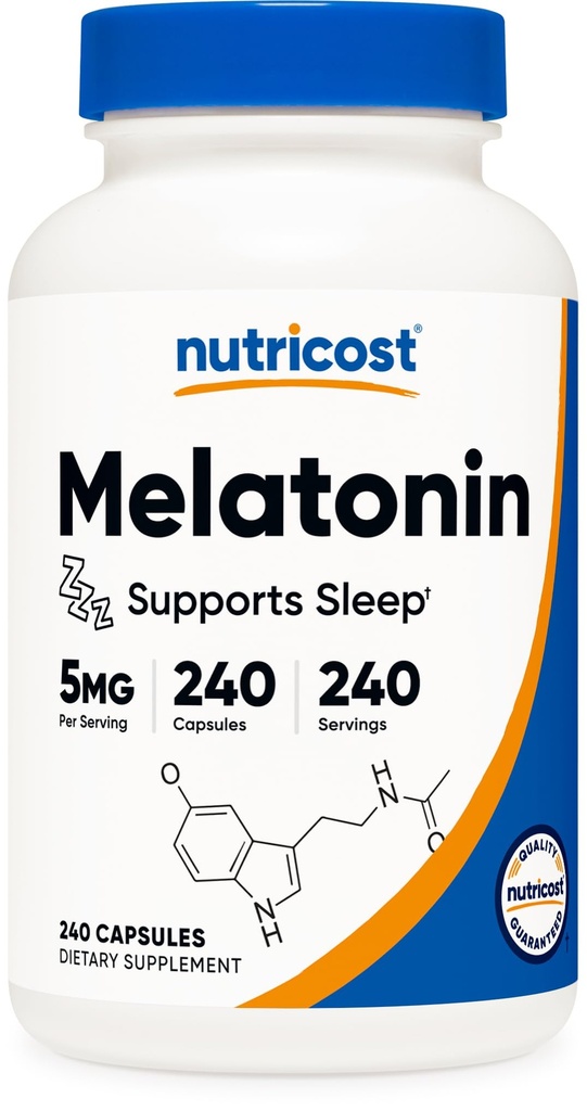 Nutricost Melatonine 5mg, 240 Capsules - 5mg par portion, sans OGM, sans gluten
