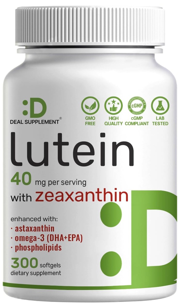 Suppléments de lutéine et de zéaxanthine, 40mg par portion, 300 Softgels – Plus Astaxanthine, Oméga-3s et Phospholipides – Non-OGM