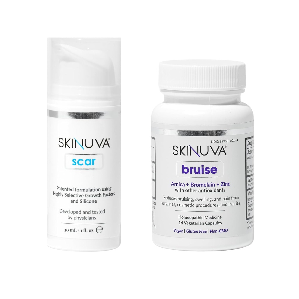 Skinuva® Scar (1 oz) & Bruise (14 Kapseln) - Erweiterte Silikoncreme mit Wachstumsfaktoren & Homöopathic Bruise Remedy Formuliert mit Arnica, Bromelain & Zink