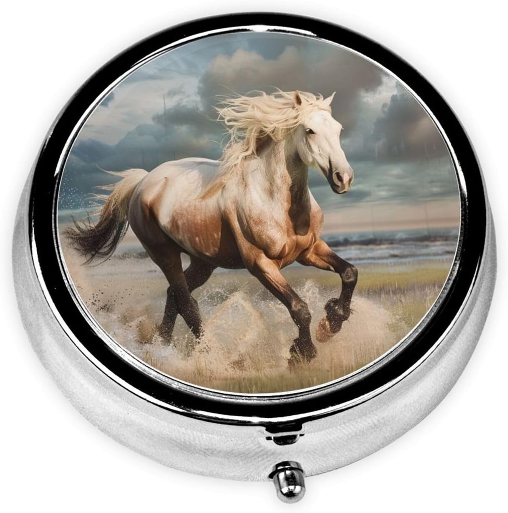 Organisateur de pilules rondes imprimées de cheval avec 3 compartiments, Pilule mini-boîte portable pour la médecine, vitamine, huile de poisson, suppléments