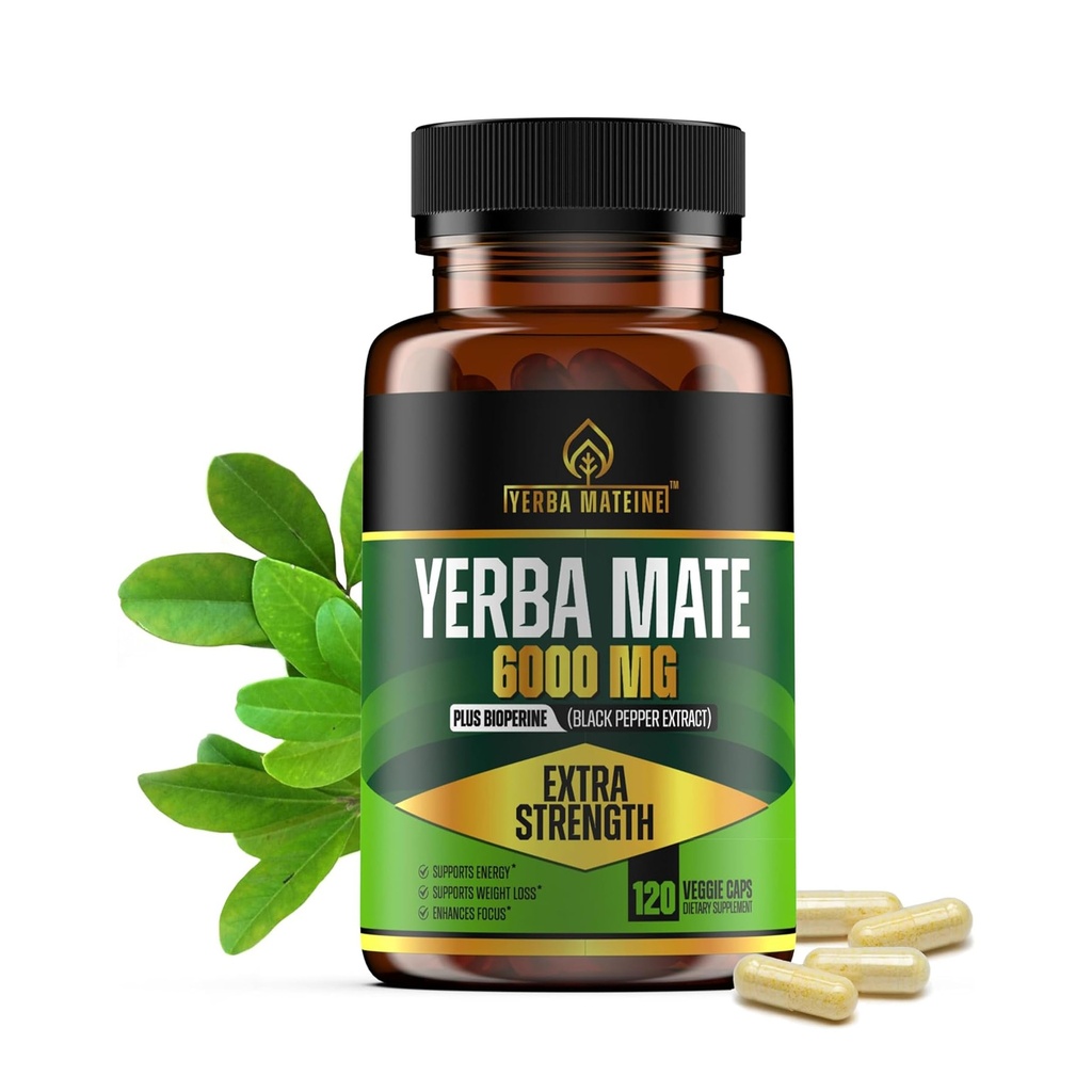 6000mg Extra Strength Yerba Mate High Potency, 60mg Koffein pro Kapsel, Extrakt Pillen Ergänzungen für saubere natürliche Energie, verbesserten Fokus, Konzentration, Nootropics, Made in USA - 120 Caps