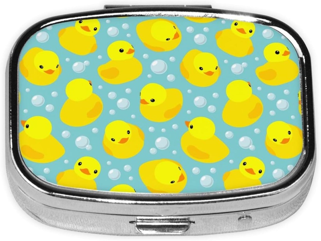 Petite boîte à pilules Canards en caoutchouc jaune, étui à pilules mignon pour la purse, porte-pilule de voyage en métal Porte-conteneur de pilules portable Entreposage pour supplément, vitamine, huile de poisson, médecine