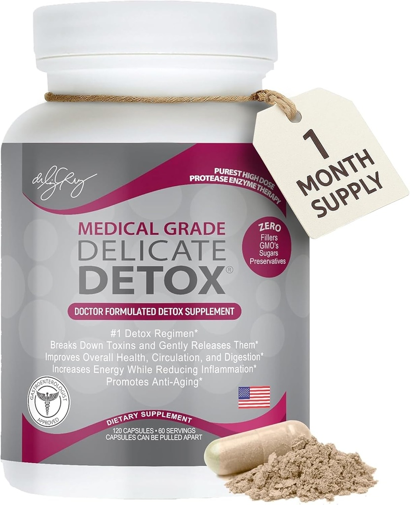 Dr. Liz Cruz Delicate Detox - Supplément enzymatiques, Suppléments diététiques, Enzymes de protéase de grade médical, Enzymes essentiels quotidiens pour Detox, Non-OGM, 120 Capsules de Veggie
