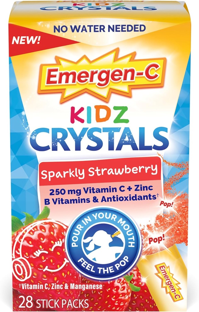 Emergen-C Kidz Crystals, On-The-Go Immununterstützungsergänzung mit Vitamin C, B Vitamine, Zink und Mangan, Sparkly Strawberry - 28 Stick Packs