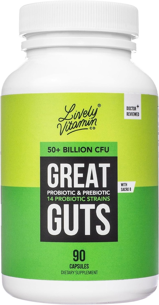 LIVELY VITAMIN CO. Great Guts Probiotic 50 Billion CFU Probiotic - Balance Gut Microbiome, GI Tract, Entzündung, Verdauung, Reflux, Upset Stomach, & Durchfall - 90 Caps