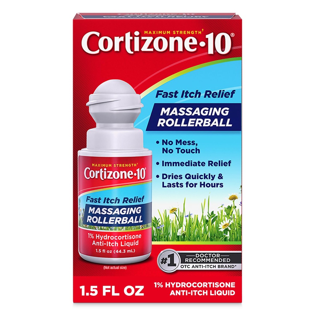 Cortizone-10 Relief de démangeaison de résistance maximale Balle de masse, 1 % d'hydrocortisone, liquide anti-démangeaison à action rapide pour les piqûres de bogues, Rash, Eczema, Psoriasis, Poison Ivy, Chêne, Sumac, 1,5 fl. oz