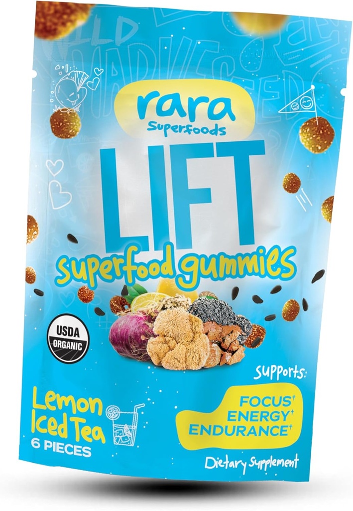 LIFT Focus USDA Organic Certified Gummies – Natural Brain Support Supplement, Vegan & Gluten-Free, Infuso con Yerba Mate, Lion’s Mane, Wild Purple Maca & Chaga (6 Gummies per Bag, LIFT)