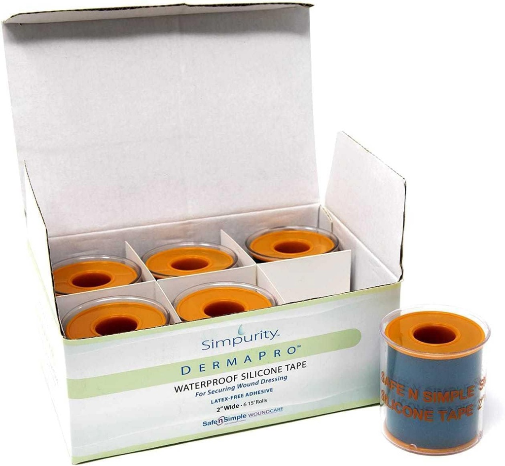 Simpurity DermaPro Silicone Tape Imperméable -2"x15' Paquet individuel de 6- Latex Free Tape Médical pour sécuriser la tenue de la plaie - Silicone Wound Healing Tape pour la peau sensible Imperméable