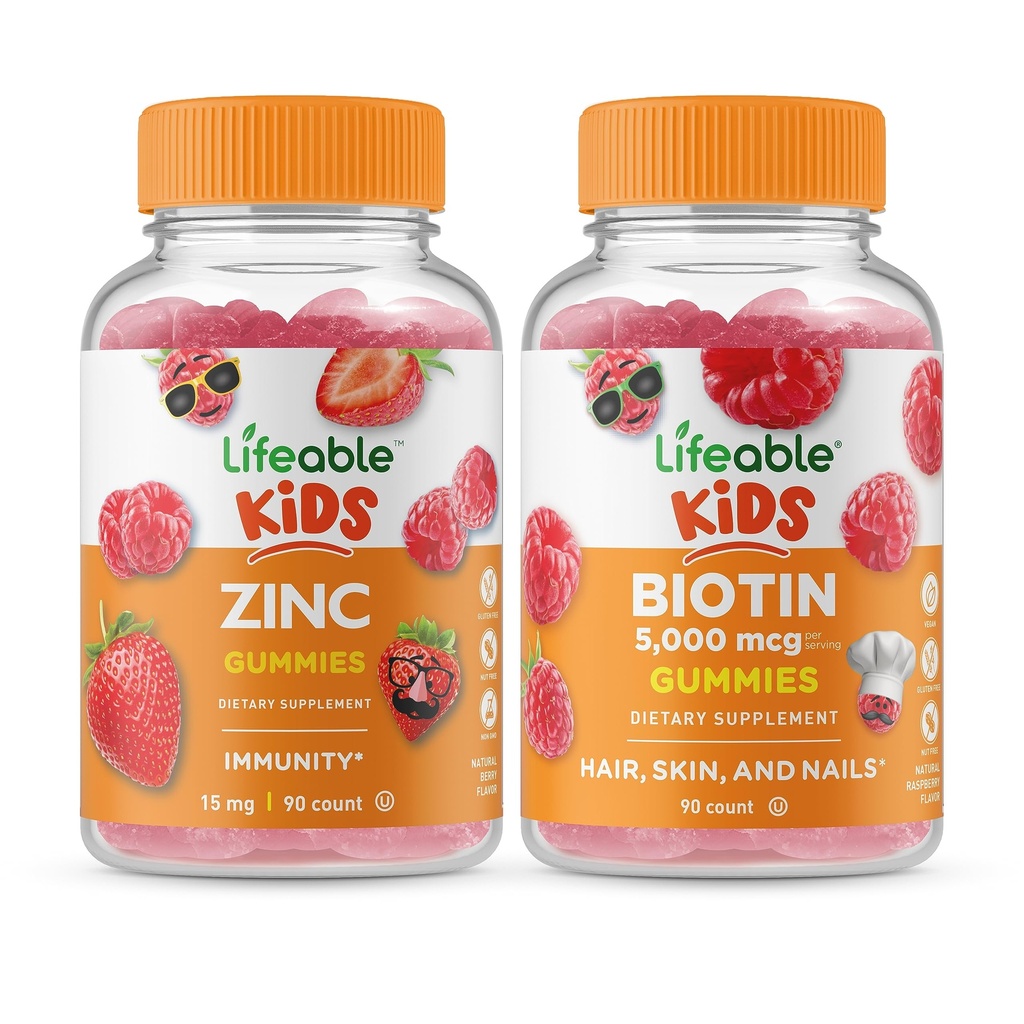 Bambini di zinco vitali + Biotin Kids, Gummies Bundle - Grande degustazione, Supplemento di vitamina, Senza glutine, OGM libero, pancia masticabile