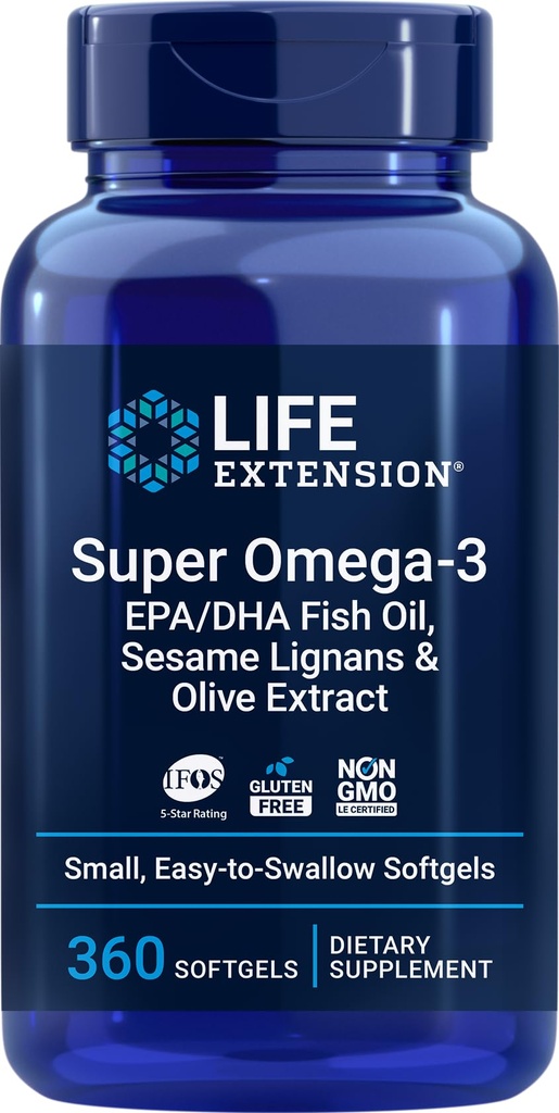 Life Extension Super Omega-3 360 Softgels, leicht zu schlucken, EPA / DHA Omega3 Fischöl, Sesam Lignans & Olivenextrakt