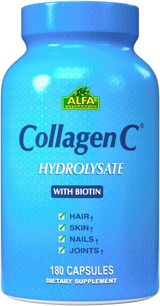 CollagenC - Collagen Hydrolysate Capsule con Biotina by Alfa Vitamins - Integratore Nutritivo Antiinvecchiamento per Pelle, Ricostruzione Unghie e Capelli - Supporti Bone & Muscle - Made in Italy - 180 Capsule