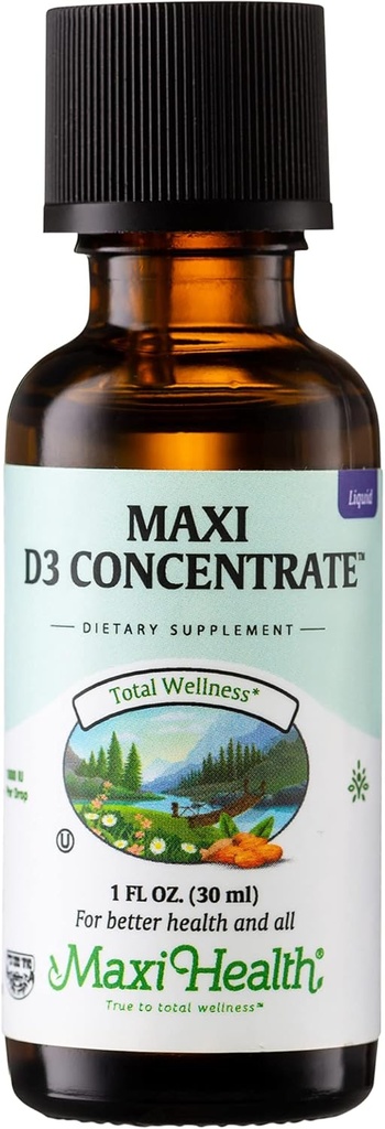 Maxi Health Vitamin D3 Konzentrat - 1000 IU pro Tropfen - Nahrungsergänzungsmittel - unterstützt Kalziumabsorption, Immungesundheit und Knochengesundheit bei Erwachsenen Frauen und Männer (1 oz)