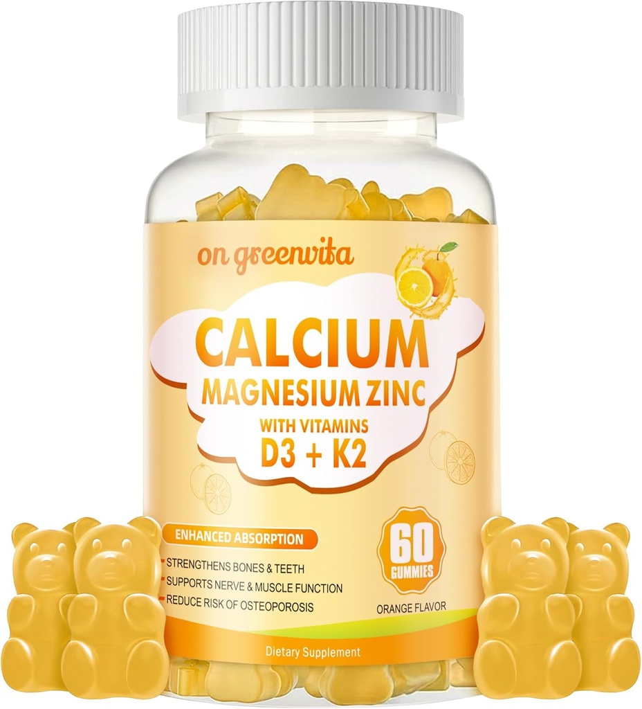 Gommies de zinc de magnésium de calcium avec vitamine D3 et K2 - Absorption améliorée de haute puissance -60 Gommes d'orange Aromatisés