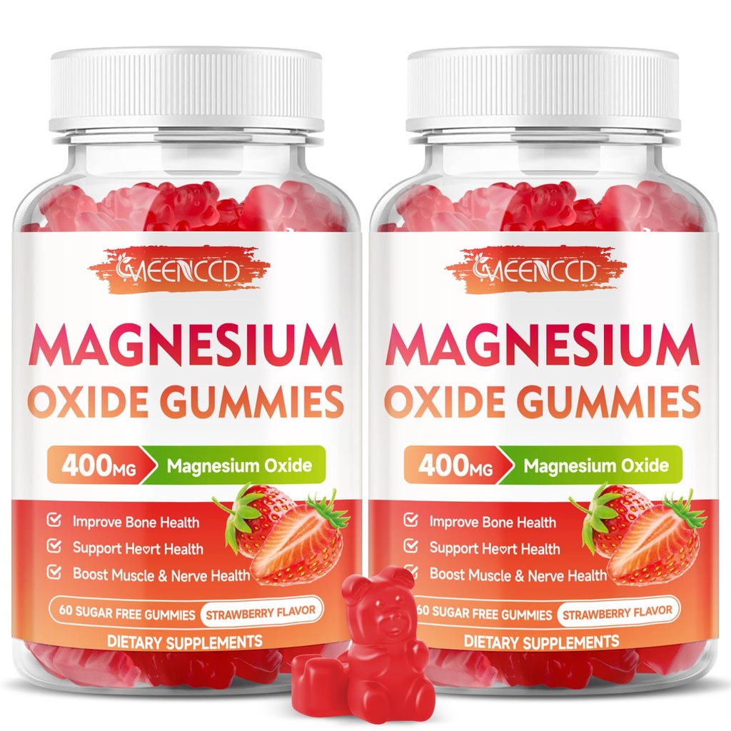 2 Pack Magnesiumoxid-Gummi 400mg, Kaubare Magnesiumoxid-Ergänzung für Erwachsene & Kinder, Nerve & Muskel-Unterstützung, Non-GMO, Sugar-Free, Erdbeer-Flamour, 120 Count
