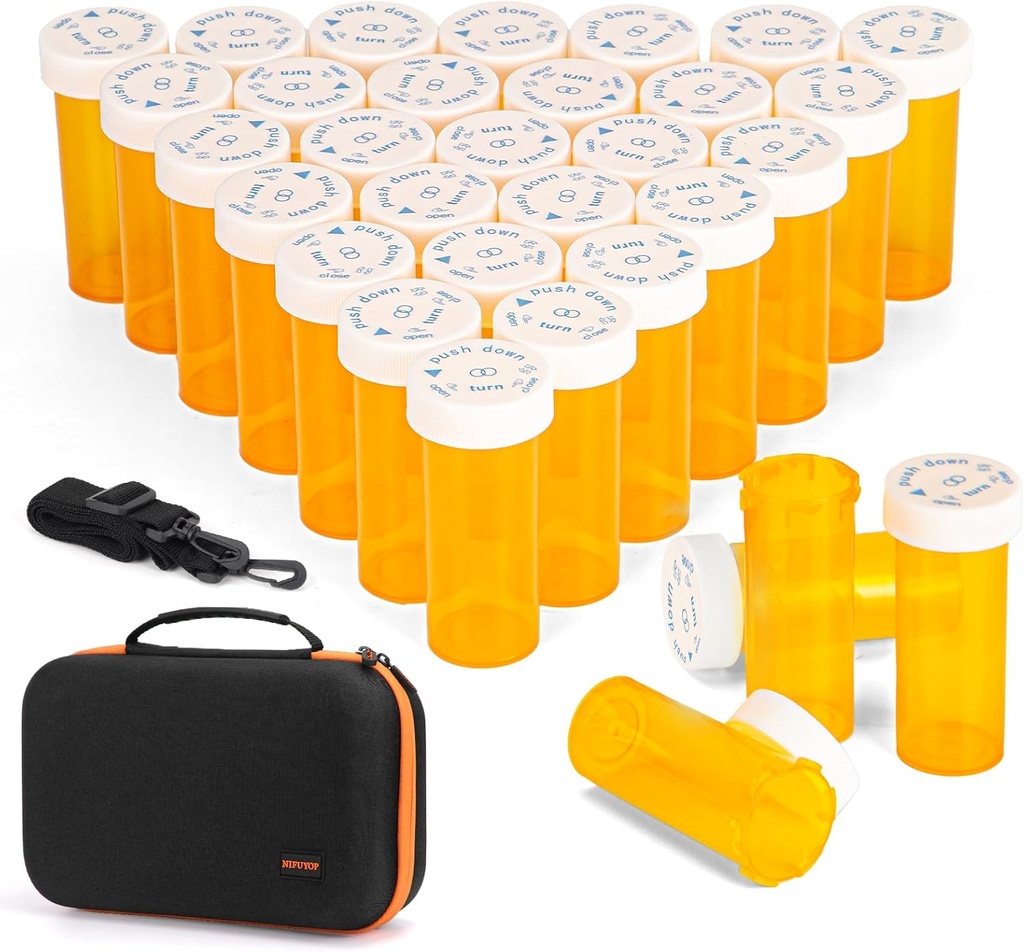 32 PCS Leere Pillenflaschen mit Tragetasche für Verschreibungspflichtige Medikamente, 8DR Kunststoff-Beschreibungsflasche mit Child Proof Caps, Push Down und Turn, Verschreibung Vial, Medizin Container