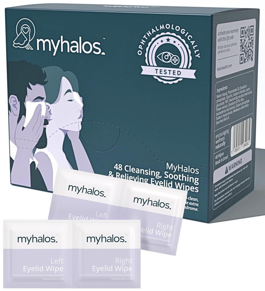 MyHalos® 48 Wipes hydratantes pour le soulagement des yeux secs - Wipes hydratantes et apaisantes pour les yeux avec arbre à thé - Aide avec la blepharite et le syndrome de vision informatique, le traitement de la blepharite pour les paupières, nettoyant