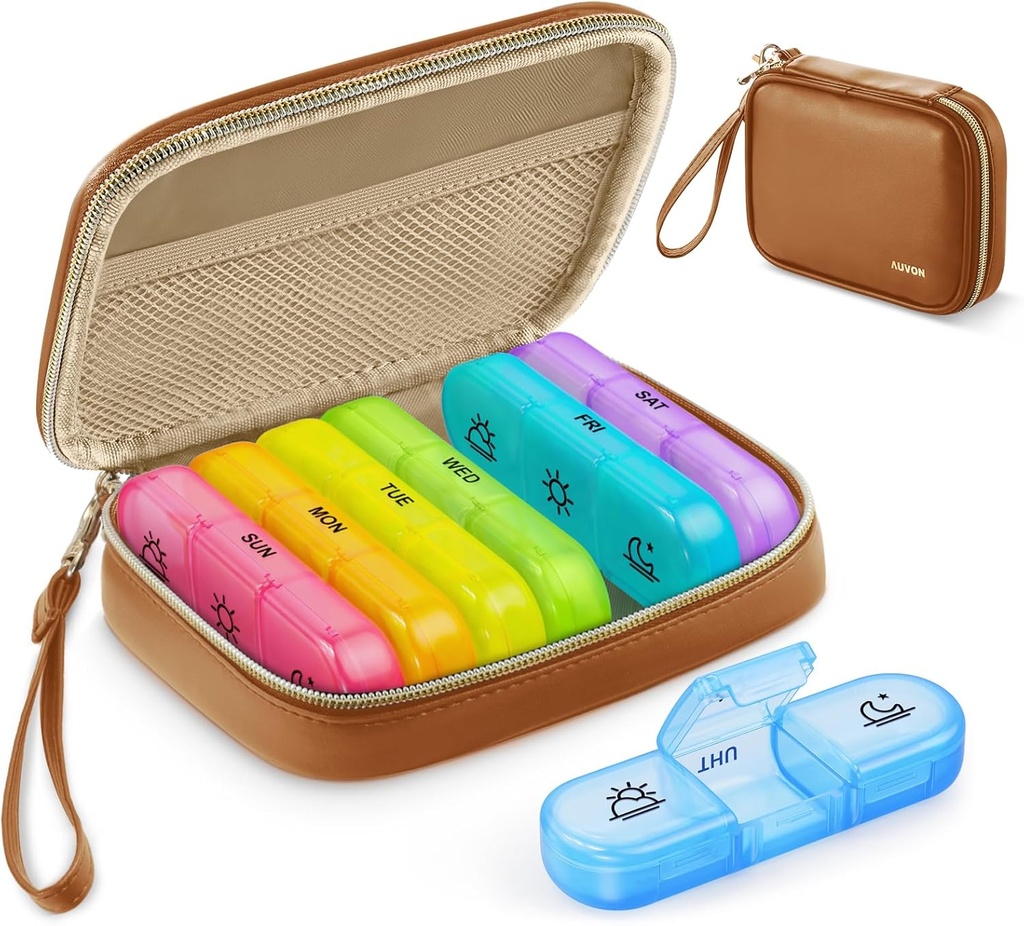 AUVON Weekly Pill Organizer 3 Mal am Tag, große Pille Box 7 Tag mit einer PU Ledertasche, Protabel Travel Pill Case Medication Reminder, Tägliche Pille Box 3 Mal am Tag für Vitamine, Fischöle, Ergänzungen