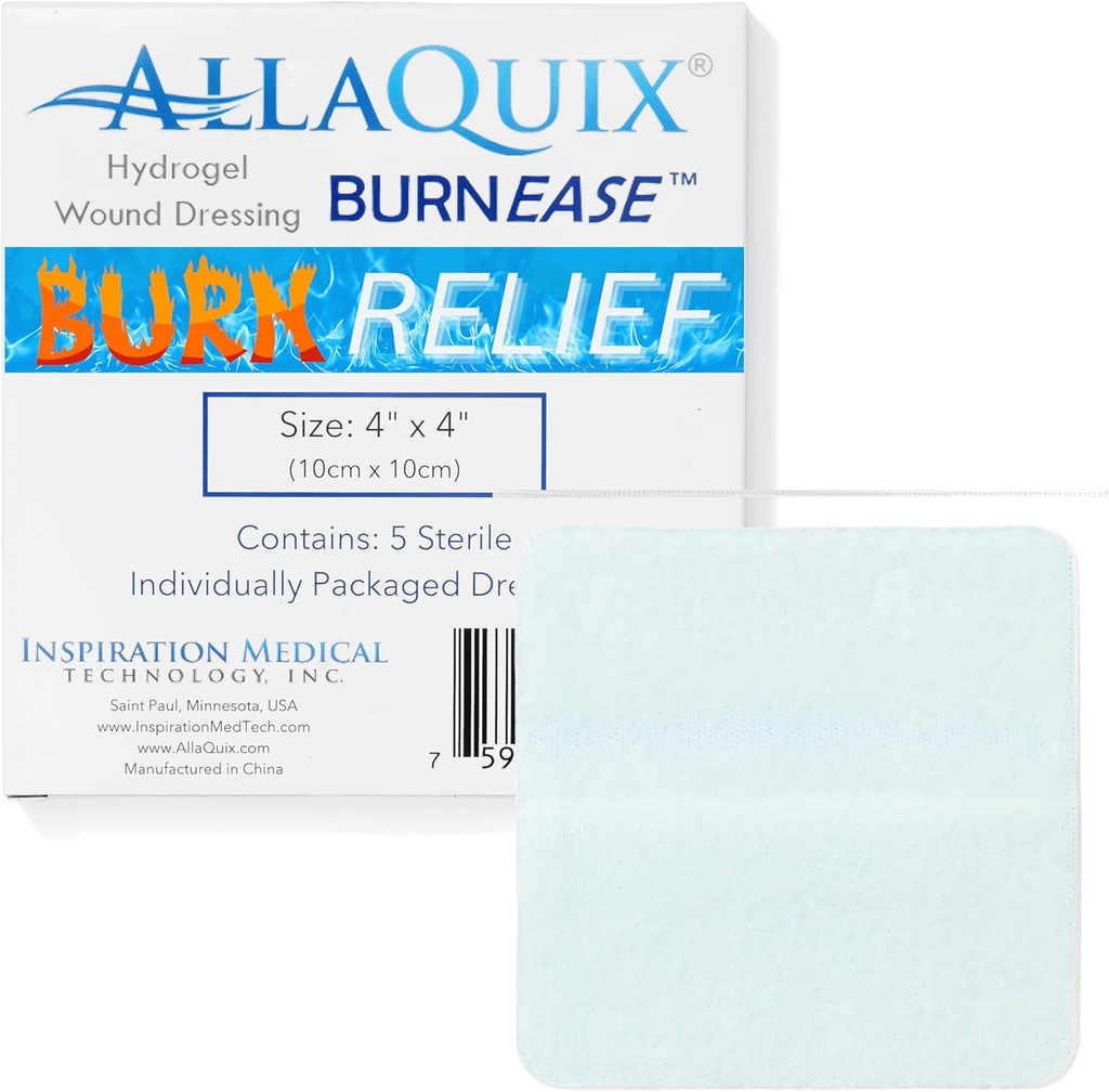 BurnEaseTM Hydrogel Burn Dressing Pads von AllaQuix – XL 4" Steril Pads (Box von 5) | Instant Cooling Relief für Burns, Scalds, Sunburn | Moist Wound Healing Gel für First Aid & Emergency Burn Care