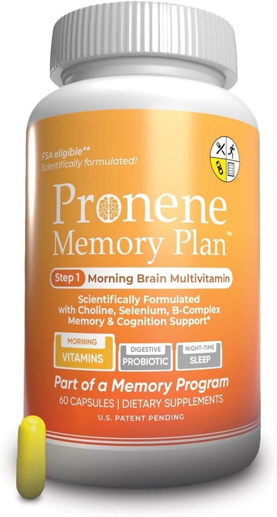 Piano di Memoria PRONENE (60 ct) Cervello Mattino Multivitamina | Supplemento nootropico w/Choline, Selenio, Resveratrolo, D, & B Vitamine | Nutrienti avanzati Supporto Cervello, Immunità & Memoria.