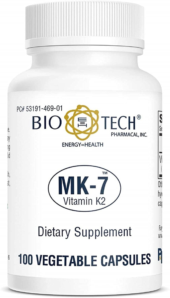Bio-Tech Pharmacal MK-7 (Vitamin K2), 100 pflanzliche Kapseln – All-Naturale Ergänzung – Unterstützt Herz-Kreislauf- und Knochengesundheit – No Dairy, Fish, Gluten, Peanut, Shellfish, GMOs, Kosher, Halal, & Soy –
