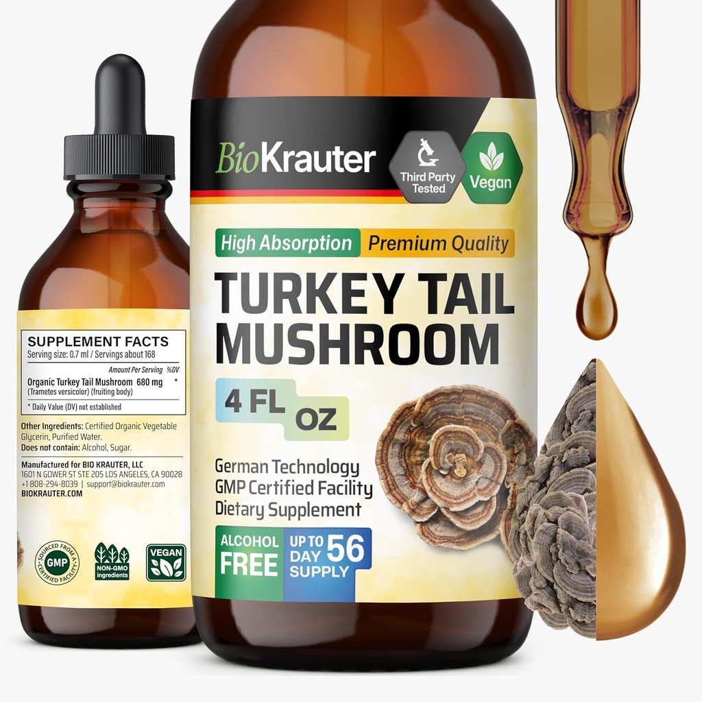 BIO KRAUTER Turchia Tail Mushroom Supplemento - Turchia Estratto di coda per il supporto immunitario - Vegan, Alcohol & Sugar Gocce libere 4 Fl.Oz.