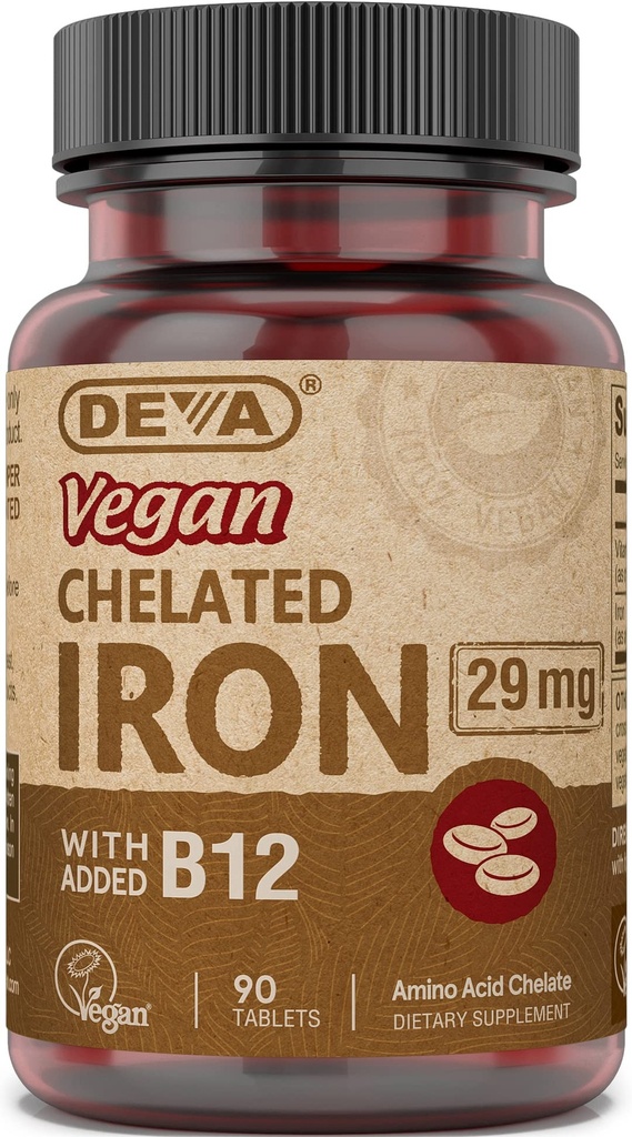 Deva Nutrition Vegan Chelat Iron 29 mg Fortified with B-12 - Hohe Potenz, leicht zu schwalben - 90 Tabletten, 1-Pack