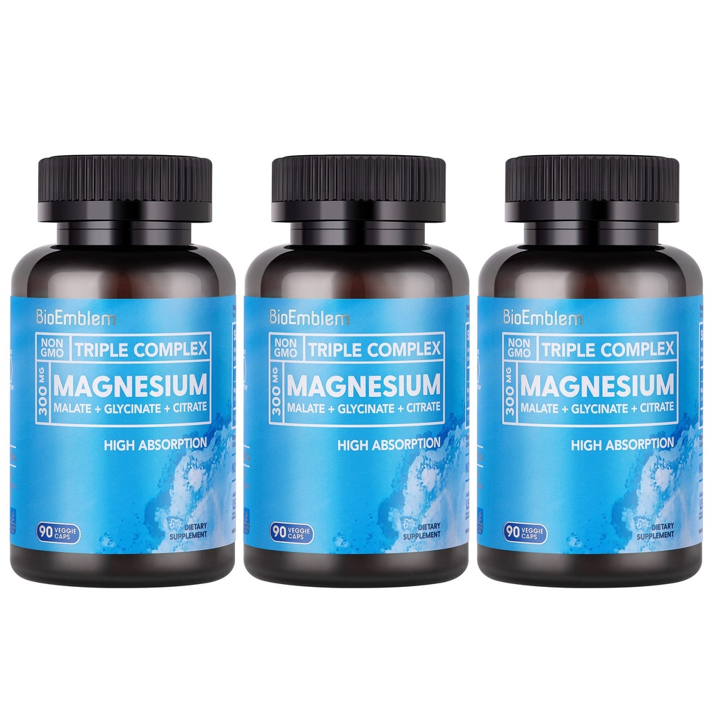 BioEmblem High Absorption Triple Magnesium Complex 300mg | Magnesium Glycinat für Nerves, Malate for Energy, Ergänzung zur Muskelgesundheit | Vegan, Non-GMO 270 Kapseln