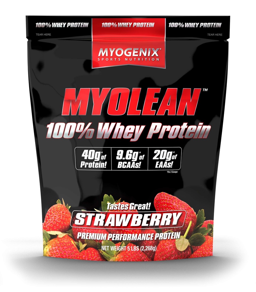 Myogenix Myolean – 100% Whey Protein Powder – 40g Protein per Serving – Low Carb – Ideale per Smoothies, Meal Sostituzione Shakes, Pre Workout & Post Workout Shakes – Fragola (5lbs)