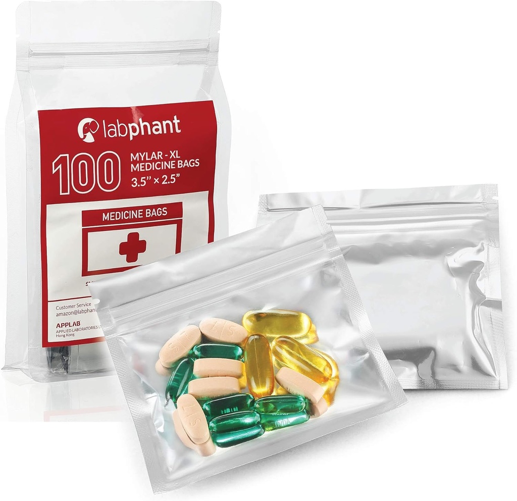 100 Pack Mylar Smell Proof XL Sacs de médecine - Ziplock Sacs accessoires avec double embout Perm. Marqueur; Pill Pack Baggies pour la médecine, la joaillerie, la quincaillerie; Pochettes à pilules scellées zippées (3,5 x 2,5", argent)