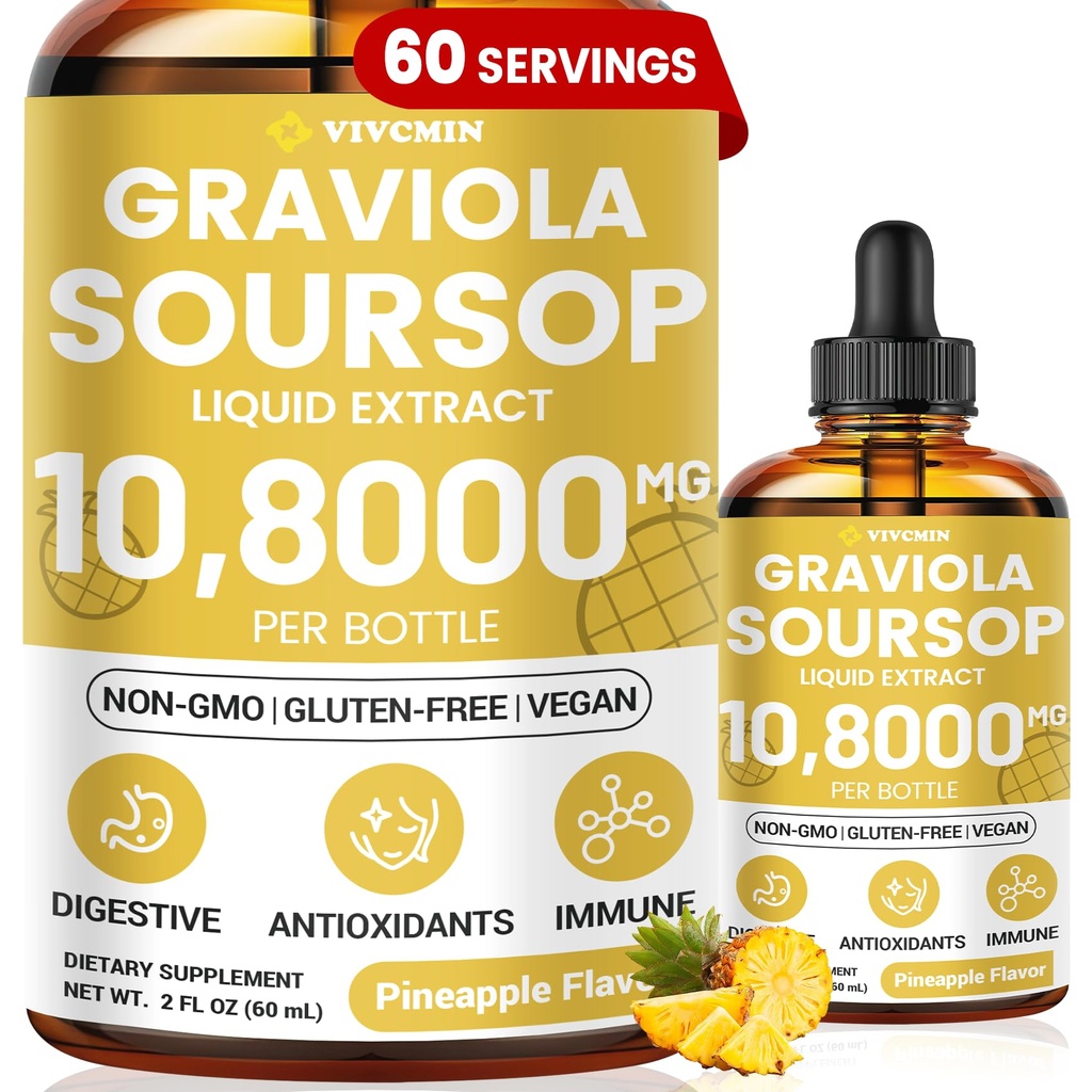 Graviola Soursop Leaf Extract Liquid - Soursop Bitters Liquid, Support Immune, Relax, Liver and Sleep, Sugar & Alcohol-Free, Formula altamente assorbibile, Sapore ananas, 2 Fl Oz